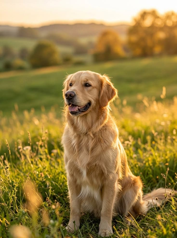 A golden retriever sitting in a sunlit meadow at golden hour