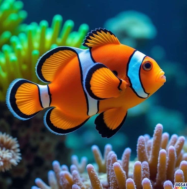 A clownfish swimming past coral in a reef aquarium