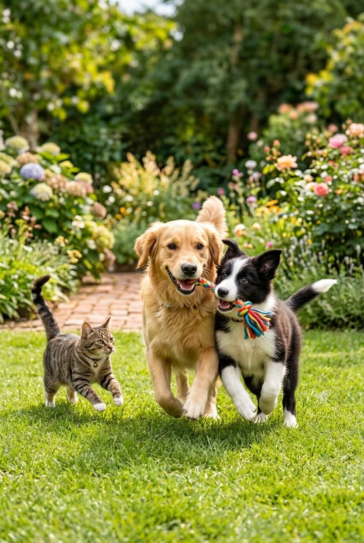 A golden retriever, a border collie puppy and a tabby cat playing together on a garden lawn